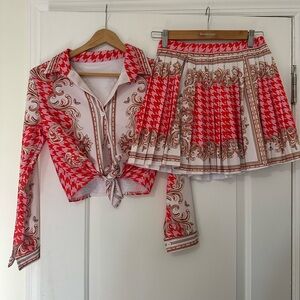 Two-Piece Pink & Cream Printed Skirt Set